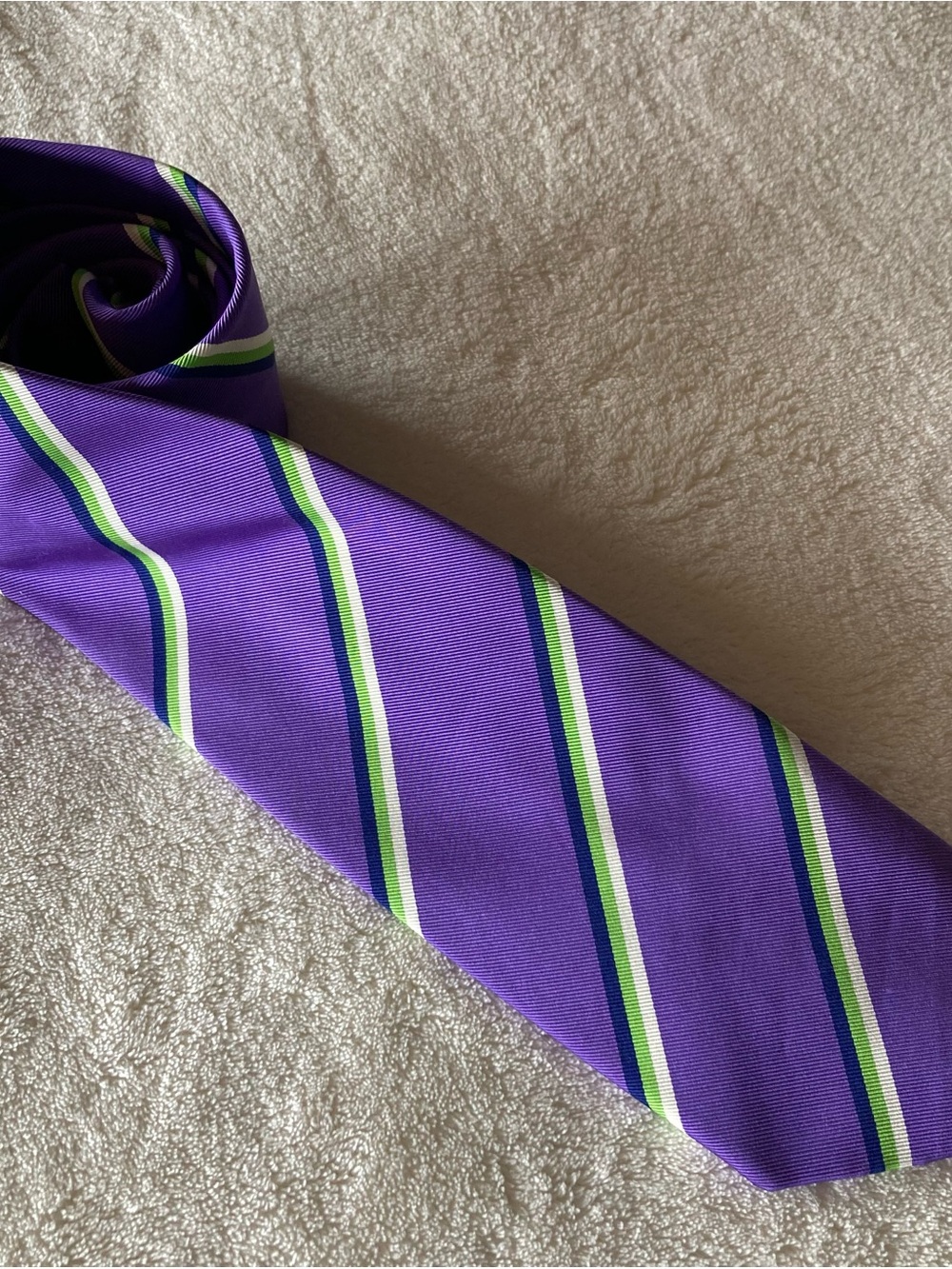 Ralph Lauren Purple Label silk/cotton Repp tie stripes purple/navy/green/white.